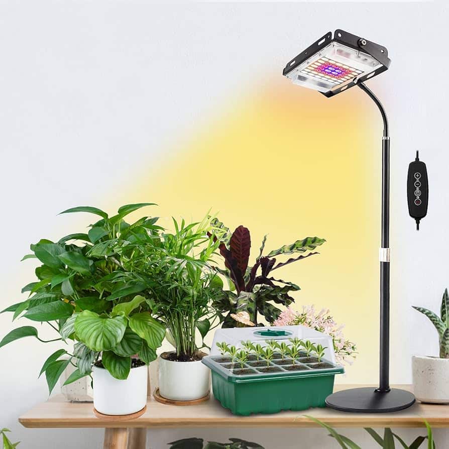 LBW grow light placed above the plants on a table