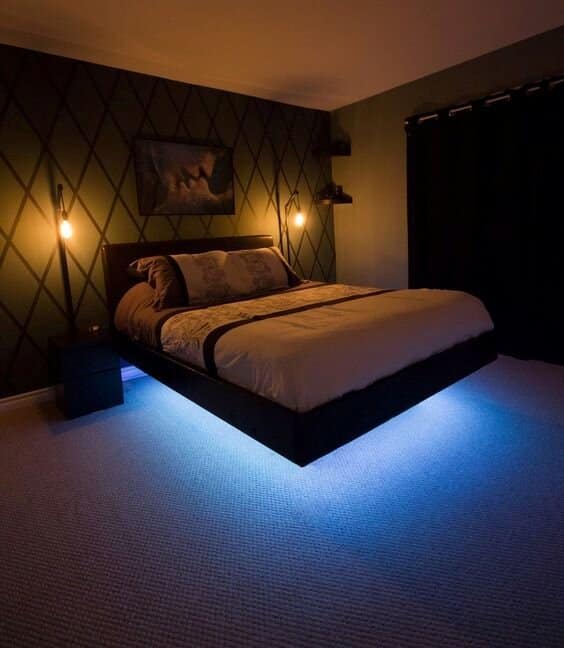 dim led lights insatalled in a room along with the floating bed