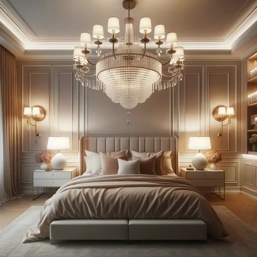 led lights installed in a bedroom along with teh huge chandelier