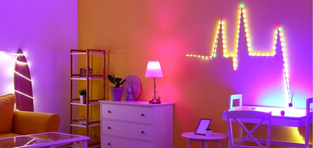 Interior Of Modern Living Room With Neon Lighting